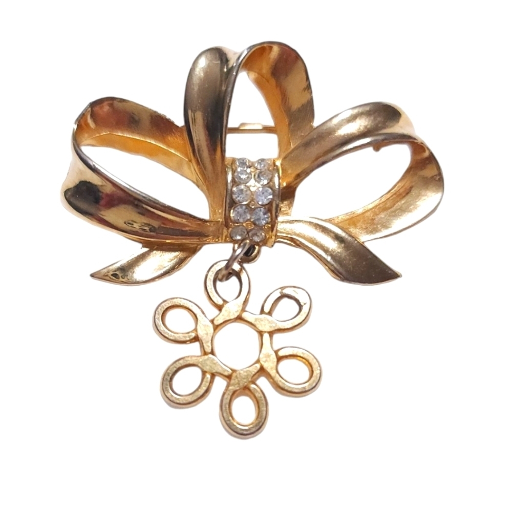 JJ Vintage Bow Flower Brooch Goldtone Pin